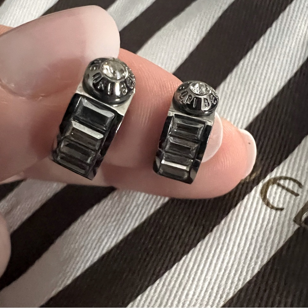 Henri Bendel gun metal huggy earrings with crystals